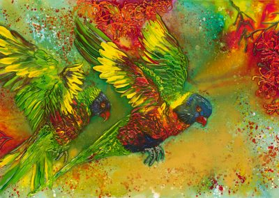 ©Julie Schofield, Rainbow Lorikeets Crazy for Grevilleas, Acryilic on Canvas, 61 x 122cm