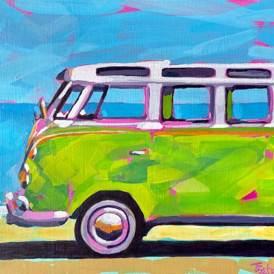 Classic VW Combi in green acrylic paint with pops of pink on wood cradle