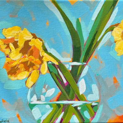 Daffodils For You, fresh picked yellow spring blooms in a glass vase, by Julie Schofield, Artist. Inspired by Ali Kay, Fresh Paint.